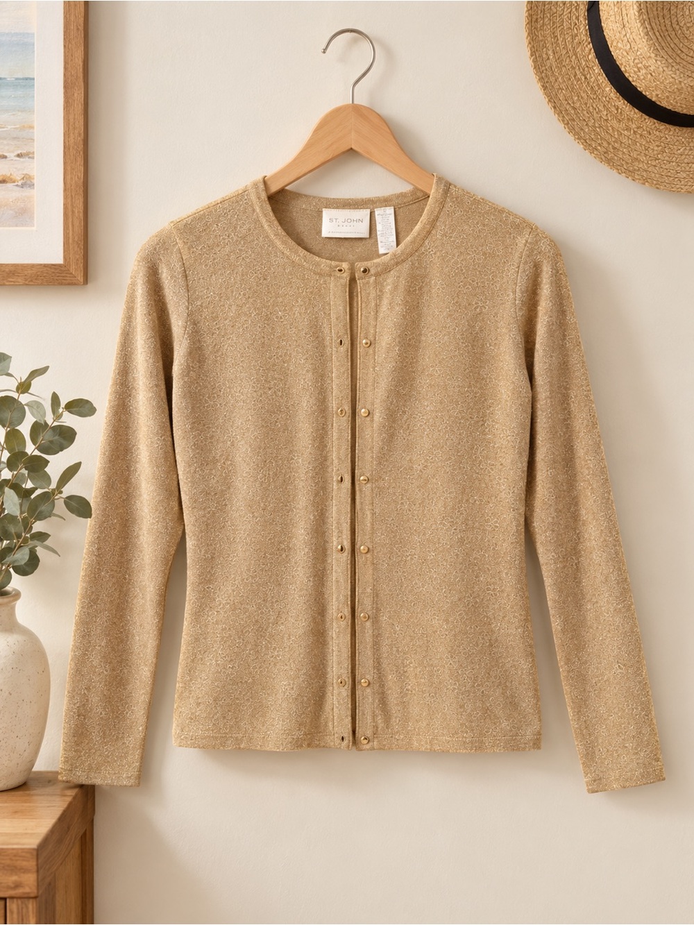 Emma James Gold-Tone Metallic Button-Front Crewneck Cardigan